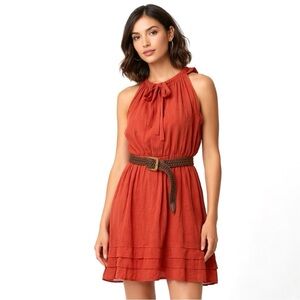 NWT Boho Dress size M Rusty Color Brown Belt Self Tie at Neck with Bow Romantic